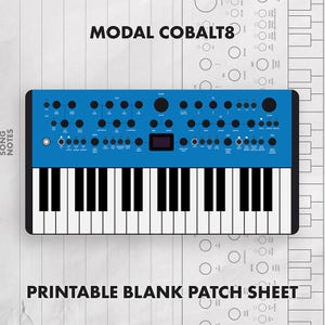 Può includere: Un'illustrazione grafica di un sintetizzatore Modal Cobalt8 con pannello di controllo blu, manopole nere e tastiera bianca e nera. Il testo recita Modal Cobalt8 e Printable Blank Patch Sheet su uno sfondo con diagramma tecnico.