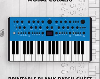May include: A graphic illustration of a Modal Cobalt8 synthesizer featuring a blue control panel with black knobs and a black and white keyboard. The text reads Modal Cobalt8 and Printable Blank Patch Sheet, set against a technical diagram background.