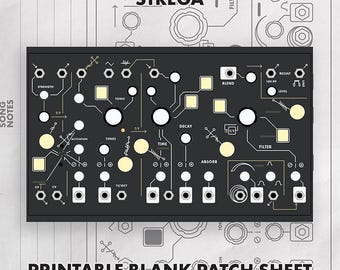 May include: A black rectangular synthesizer control panel featuring white text and diagrams, including the word STREGA, with various circular knobs, square buttons, and input jacks. The panel is displayed over a light gray printable blank patch sheet.