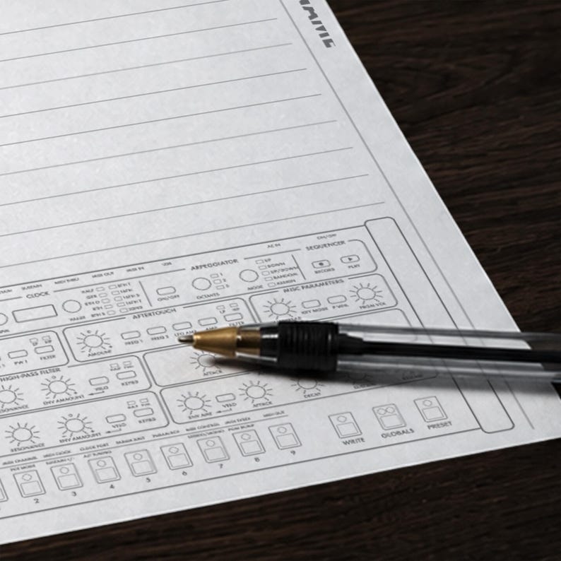 Close-up of a Sequential Prophet 6 Module blank patch sheet — settings diagram printable PDF for hardware musicians