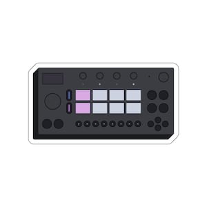 May include: A sticker featuring a black electronic music production device with various buttons, knobs, and pads. The device has a rectangular shape with a white border. Some pads are light purple.