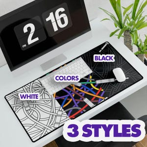 May include: Three mouse mats with different designs are shown. One is white with a black line pattern, another has a colourful abstract design, and the third is black with a white line pattern. The words "WHITE", "COLORS", "BLACK", and "3 STYLES" are visible.