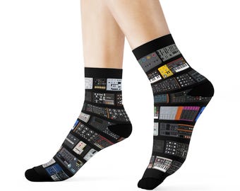 Synth Crew Socks for Electronic Music Lovers, Minimalist Music Gear Socks for Producers, DJs, Home Studio Wear or Creative Gift Idea