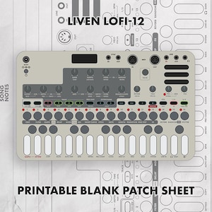 May include: A Liven Lofi-12 synthesizer overlay featuring a light gray control panel with dark gray knobs, buttons, and a keyboard layout. The text Liven Lofi-12 and Printable Blank Patch Sheet are clearly visible on the graphic design interface.