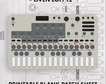 May include: A Liven Lofi-12 synthesizer overlay featuring a light gray control panel with dark gray knobs, buttons, and a keyboard layout. The text Liven Lofi-12 and Printable Blank Patch Sheet are clearly visible on the graphic design interface.