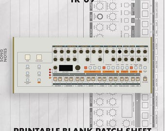 May include: A printable blank patch sheet for the TR-09 drum machine, featuring a light gray interface layout with black knobs, buttons, and labels. The design includes a sequencer grid, instrument controls, and the text TR-09 and SONG NOTES.