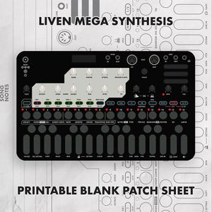 May include: A black Liven Mega Synthesis synthesizer overlay featuring a light gray control panel with multiple knobs, buttons, and labels. The device includes a sixteen-step sequencer, various sound parameters, and MIDI connectivity ports.