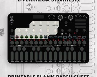May include: A black Liven Mega Synthesis synthesizer overlay featuring a light gray control panel with multiple knobs, buttons, and labels. The device includes a sixteen-step sequencer, various sound parameters, and MIDI connectivity ports.
