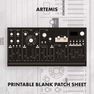 Könnte beinhalten: Eine schwarze Synthesizer-Bedienfeldgrafik mit weißem Text und Linien, mit Reglern, Schiebereglern und Tasten, beschriftet mit LFO, VCO, VCF und ENV. Der Text ARTEMIS und PRINTABLE BLANK PATCH SHEET erscheint auf einem hellgrauen Hintergrund.