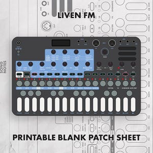 May include: A LIVEN FM synthesiser overlay featuring a dark grey control panel with a light blue section, numerous circular knobs, a sixteen-step sequencer with red indicator lights, and a white keyboard layout printed on a printable blank patch sheet.