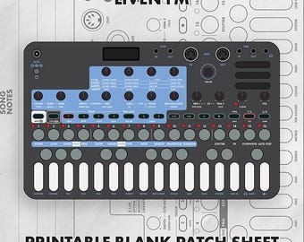 May include: A LIVEN FM synthesizer overlay featuring a dark gray control panel with a light blue section, numerous circular knobs, a sixteen-step sequencer with red indicator lights, and a white keyboard layout printed on a printable blank patch sheet.