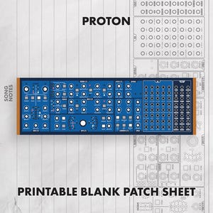 Könnte beinhalten: Ein druckbares, leeres Patch-Blatt für den Proton-Synthesizer mit einem detaillierten blauen grafischen Layout des Bedienfelds mit Reglern, Schaltern und Ein-/Ausgangsbuchsen auf weißem Hintergrund mit dem Text PROTON und SONG NOTES.