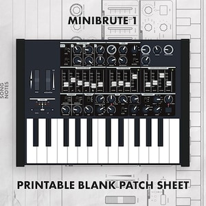 Puede incluir: Una hoja de parches en blanco imprimible con una ilustración detallada de un sintetizador Minibrute 1. El gráfico muestra un panel de control negro con numerosos mandos, deslizadores y un teclado, sobre un fondo claro con el texto Song Notes.