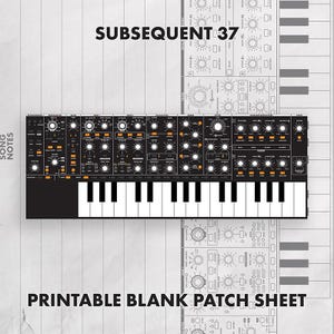 Könnte beinhalten: Ein schwarz-weißes, druckbares leeres Patch-Blatt für den Subsequent 37 Synthesizer. Die Grafik zeigt ein detailliertes Layout des Bedienfelds des Synthesizers, einschließlich zahlreicher Regler, Schalter und eines Tastaturabschnitts.