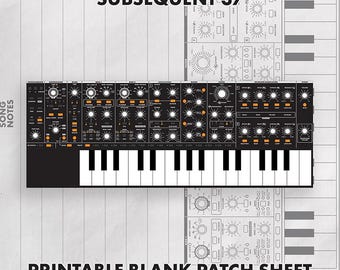 May include: A black and white printable blank patch sheet for the Subsequent 37 synthesizer. The graphic features a detailed layout of the synthesizer's control panel, including numerous knobs, switches, and a keyboard section for sound design.