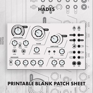 May include: A white printable blank patch sheet for the Hades synthesizer featuring black line art illustrations of knobs, sliders, and input jacks. The layout includes sections for Oscillator, Filter, Amplifier, Envelope, and LFO settings with labels.
