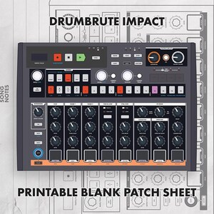 Könnte beinhalten: Eine Illustration der DrumBrute Impact Drumcomputer-Oberfläche mit einem dunkelgrauen Bedienfeld, das zahlreiche Regler, Tasten und Schieberegler aufweist. Der Text DRUMBRUTE IMPACT und PRINTABLE BLANK PATCH SHEET ist zusammen mit verschiedenen Beschriftungen sichtbar.