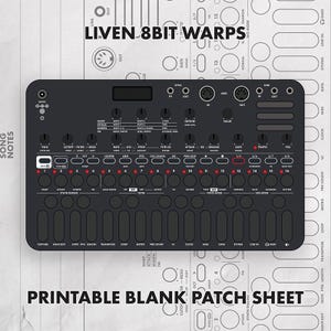 May include: A black Liven 8bit Warps synthesizer featuring a grid of sixteen circular buttons with red indicator lights, multiple control knobs, and various function labels. The device is positioned over a printable blank patch sheet template.