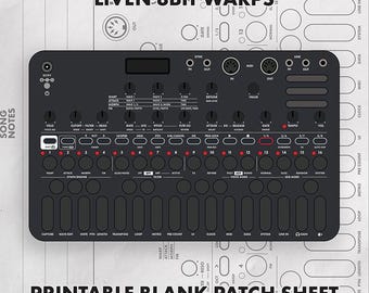 May include: A black Liven 8bit Warps synthesizer featuring a grid of sixteen circular buttons with red indicator lights, multiple control knobs, and various function labels. The device is positioned over a printable blank patch sheet template.