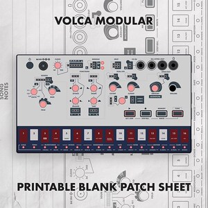 May include: A Volca Modular synthesizer interface featuring a light gray control panel with pink knobs, black buttons, and a dark blue touch-sensitive keyboard strip numbered one through sixteen. The text Volca Modular and Printable Blank Patch Sheet are visible.