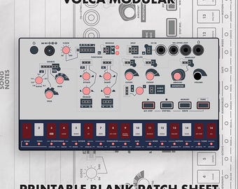 May include: A Volca Modular synthesizer interface featuring a light gray control panel with pink knobs, black buttons, and a dark blue touch-sensitive keyboard strip numbered one through sixteen. The text Volca Modular and Printable Blank Patch Sheet are visible.