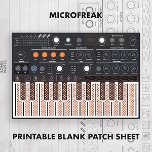 May include: A printable blank patch sheet for the Microfreak synthesizer, featuring a detailed black and white graphic illustration of the instrument's interface, including the keyboard layout, knobs, buttons, and labeled control sections.