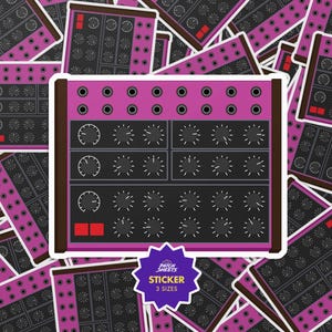 May include: A sticker featuring a stylized illustration of a synthesizer module with a pink faceplate, black panels, and numerous knobs and buttons. The sticker has a white border and the text "Patch Sheets Sticker 3 Sizes" on a purple starburst.