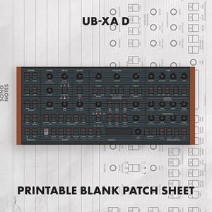 Puede incluir: Una hoja de parches en blanco imprimible para el sintetizador UB-XA D, con un diseño detallado del panel de control negro con numerosos mandos, botones y luces indicadoras rojas, sobre un fondo gris claro con diagramas técnicos.