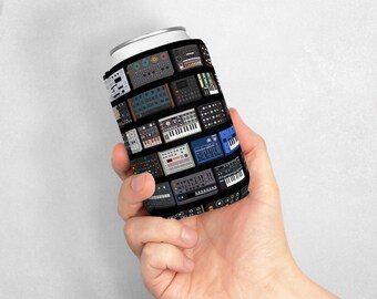 Electronic Music Synth Can Cooler Black, Stainless Steel Drink Holder for Music Producer Desk, Home Studio Setup or Gift Idea