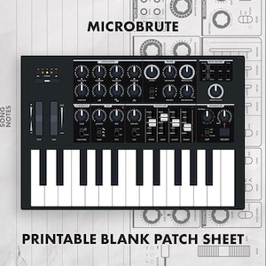 Foglio di patch vuoto stampabile per Arturia Microbrute, download in PDF, modello di documentazione per sintetizzatori, note per sintetizzatori hardware