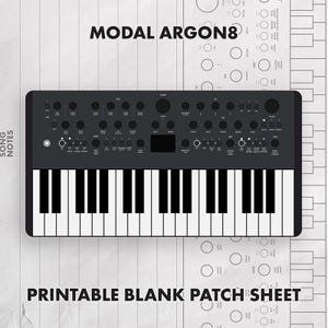 May include: A black and white graphic illustration of a Modal Argon8 synthesizer keyboard featuring a control panel with numerous knobs and buttons above a standard piano key layout, with the text MODAL ARGON8 and PRINTABLE BLANK PATCH SHEET.