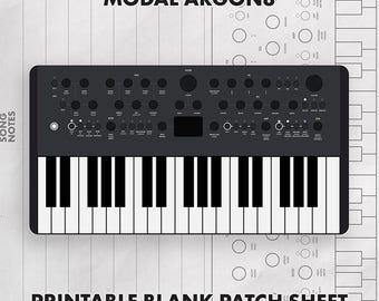 May include: A black and white graphic illustration of a Modal Argon8 synthesizer keyboard featuring a control panel with numerous knobs and buttons above a standard piano key layout, with the text MODAL ARGON8 and PRINTABLE BLANK PATCH SHEET.