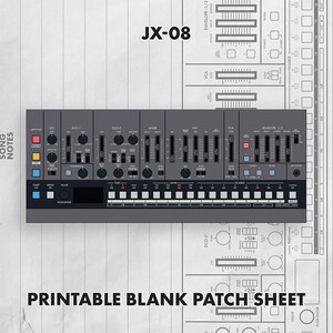 Può includere: Un grafico dell'interfaccia del sintetizzatore JX-08 grigio con numerosi cursori, manopole e pulsanti, visualizzato su uno sfondo bianco con diagrammi tecnici e il testo JX-08 e PRINTABLE BLANK PATCH SHEET stampato in nero.