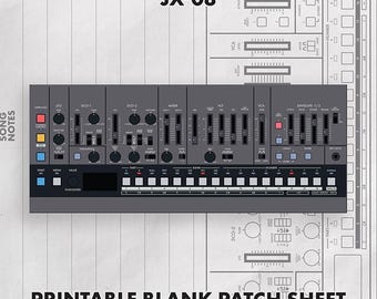 May include: A gray JX-08 synthesizer interface graphic featuring numerous sliders, knobs, and buttons, displayed on a white background with technical diagrams and the text JX-08 and PRINTABLE BLANK PATCH SHEET printed in black.