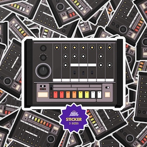 May include: A sticker featuring a black and gray electronic music drum machine with knobs, buttons, and sliders. The sticker has a white border and is surrounded by other similar stickers. A purple starburst graphic reads "STICKER 3 SIZES".