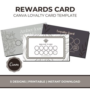 May include: A collection of three rectangular rewards card templates featuring floral and leaf illustrations, circular punch-out spots, and text including REWARDS CARD, CANVA LOYALTY CARD TEMPLATE, Amber Jones, Loyalty Card, BRAND NAME, and Canva.