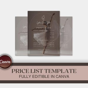 Pode incluir: Modelo de lista de preços para um estúdio de dança, com uma silhueta de bailarina. O design é em tons de castanho e branco, com o texto "PRICE LIST TEMPLATE" e "FULLY EDITABLE IN CANVA". O logotipo da Canva é visível.