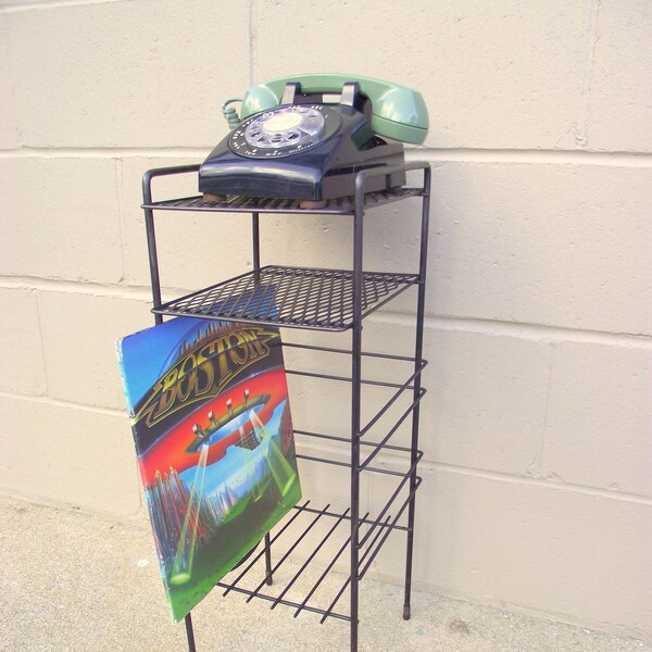 ATOMIC Black Metal Mesh Telephone Smoking Wire Table Stand Rack - Punched Metal - Mid Century - 3 Shelves - Record Album Storage