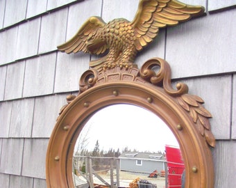 Wood Gold Toned Federal Bulls Eye Mirror with Eagle - X Large 29" x 18" - Bullseye - American Retro - Antique Butler Mirror Convex Glass