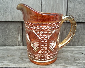 Antique Amelia Imperial Carnival Glass Marigold Star Medallion Milk Water Pitcher - 18 ounce Cut Glass Collectible Design