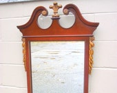 Antique Mirror Mahogany Chippendale Fretwork Prince of wales top Carved Gilded Gold Laurel Leaves - Wood Framed Wall Dresser Bureau - 1940s