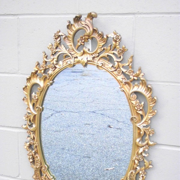 Hollywood Regency Syroco Gold Mirror Ornate Framed Oval - Big 29" Long x 20" Wide - French Italian Provincial - Antique Rococo Baroque - # 2