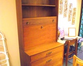 Mid Century Danish Modern Bookshelf Desk Wall Unit Tapered Leg - in Walnut Wood by Ramseur - Secretary Bookcase Drop Front Writing Desk