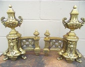 Pair Antique French Brass Andirons Fire Dog Chenets - Rococo Baroque - Sculptured Grand Mansion - Fireplace Hearth - Ormolu Gold Gilded Chic