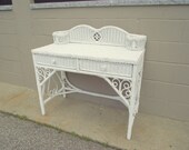 Wicker Rattan Vanity Desk - Shabby White Cottage Chic - Victorian Fancy Scrolled Makeup Table - 2 Drawers - Holders - All Original