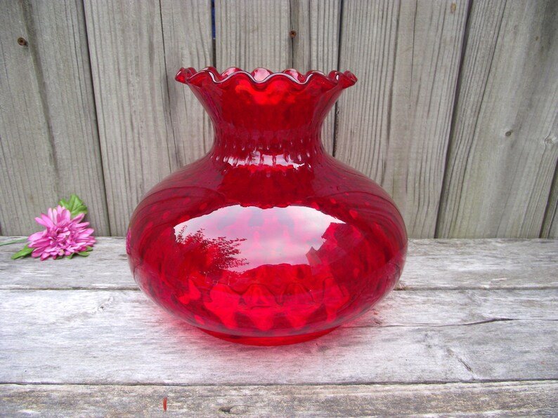 Antique Ruby Red Glass Fenton Parlor Lamp Shade Optic Dot Pattern 10 Replacement Globe Light Lampshade For 7 Fitter Fancy Ruffled Top