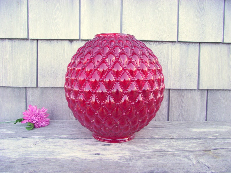 Antique Ruby Red Glass Fenton Lamp Shade Victorian Quilted Diamond GWTW Oil Kerosene Gas Replacement Globe Light Lampshade Round Ball Orb image 2