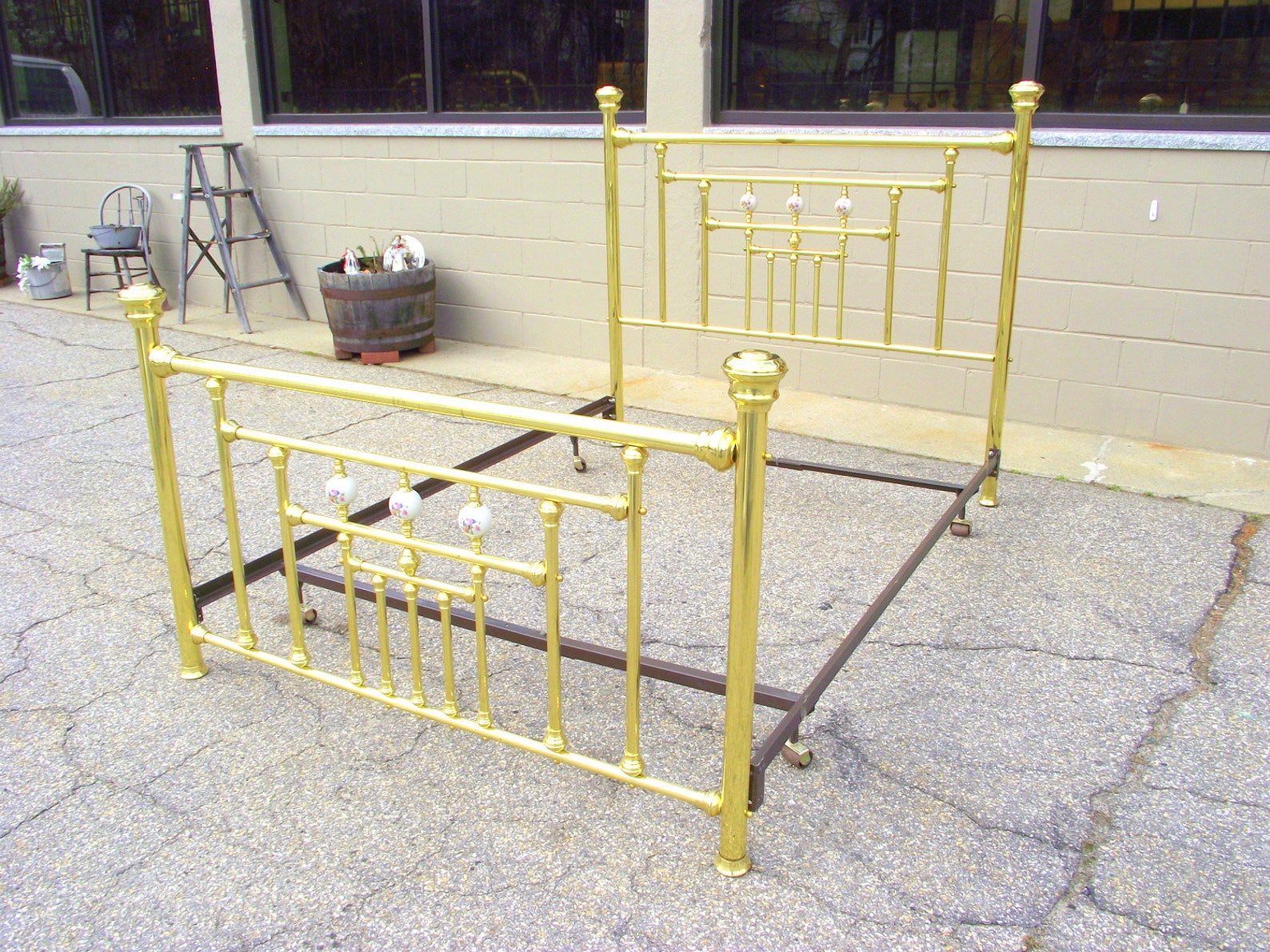 Vintage QUEEN Brass Bed with Roses Porcelain Balls Antique Etsy