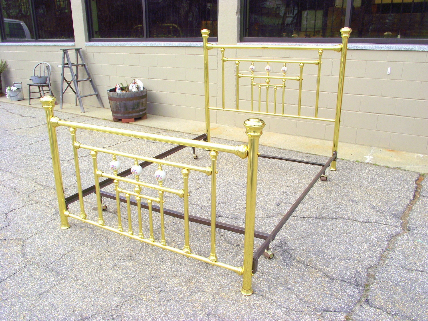 Vintage QUEEN Brass Bed with Roses Porcelain Balls Antique Etsy