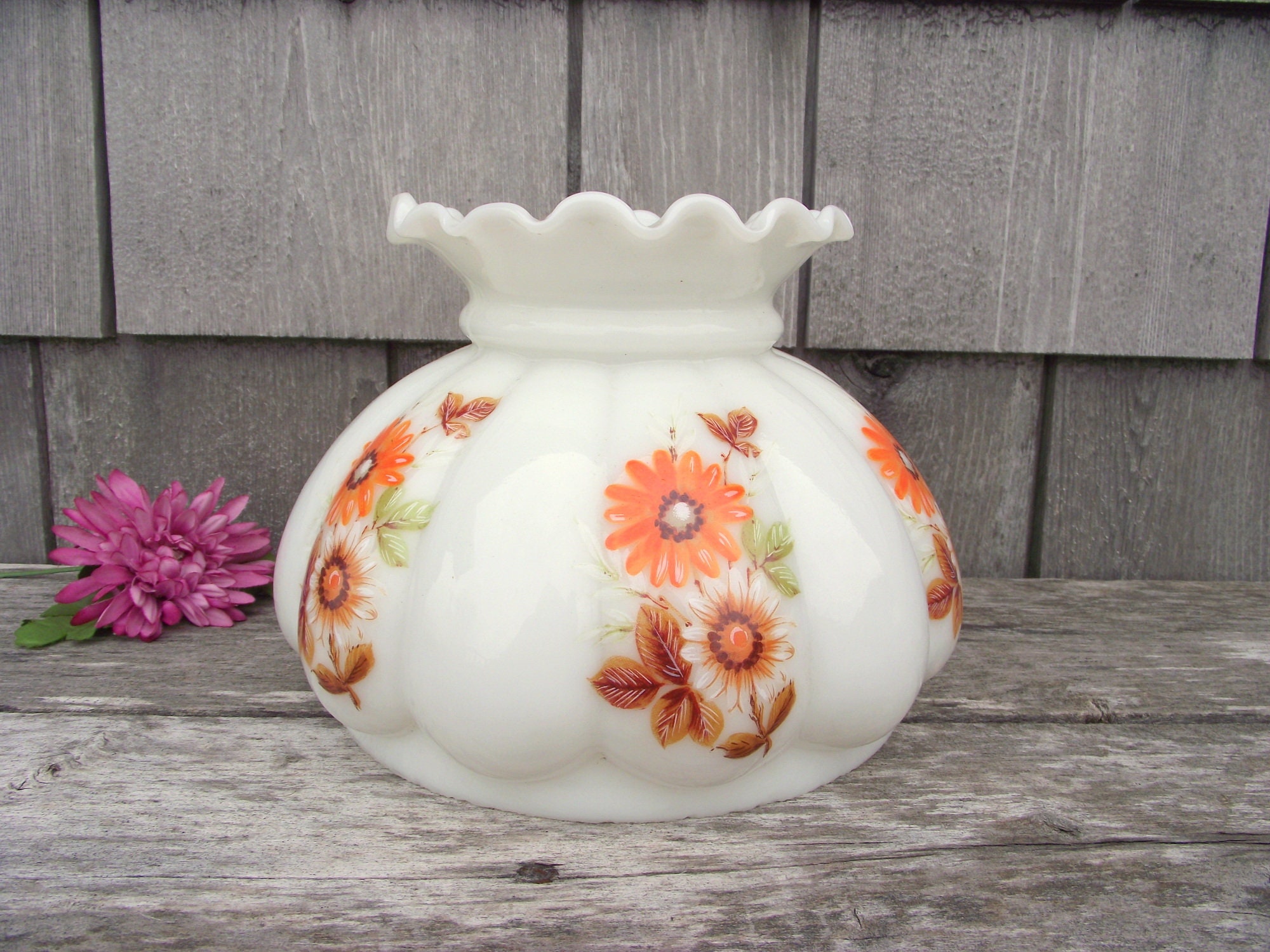 Lighting Vintage Hand Painted Floral Rose Milk Glass Hurricane Lamp